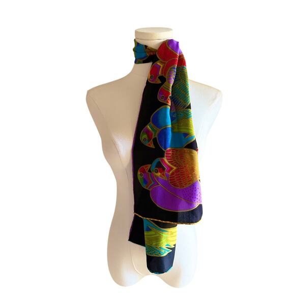 Lauren Burch Vibrant Birds Silk Scarf Multicolor Art Deco Tropical Print Black - Picture 6 of 7